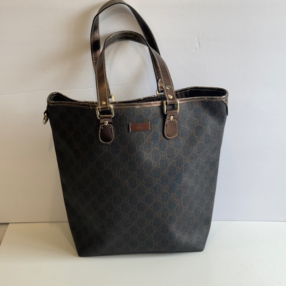GUCCI GG Pattern Shoulder Hand Tote Bag Vintage PVC Leather Brown Italy AUTHENTI - Picture 1 of 11